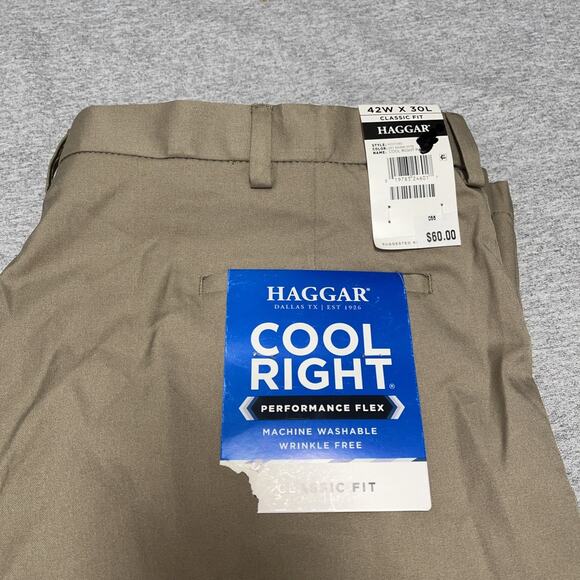 Haggar Other - Haggar Cool Right Pant Men 42x30 Khaki Classic Fit Performance Flex Dress Preppy